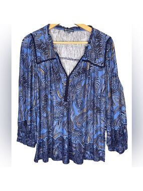 Democracy Blue Leaf Print V-Neck Long Sleeve Blouse XXL